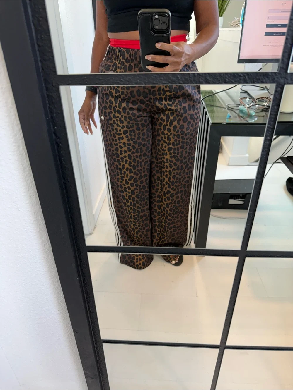 adidas Originals Women's Wide Leg Leopard Print Track Pants in Brown and Black - Picture 4 of 5